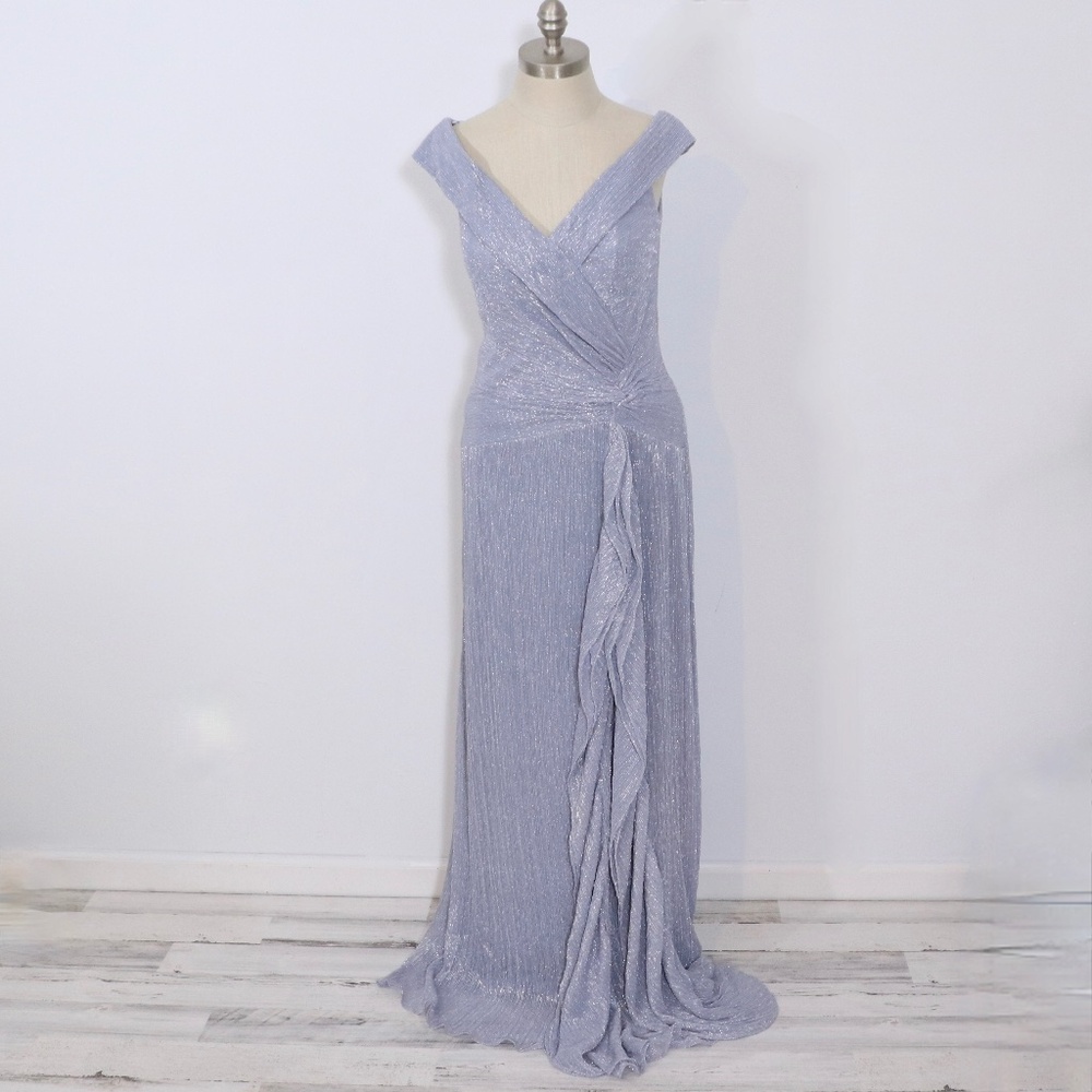 Xscape Lavender Metallic Off-Shoulder V-Neck Maxi Gown